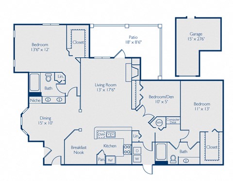 A floor plan of a house with a garage, living room, kitchen, and multiple bedrooms.